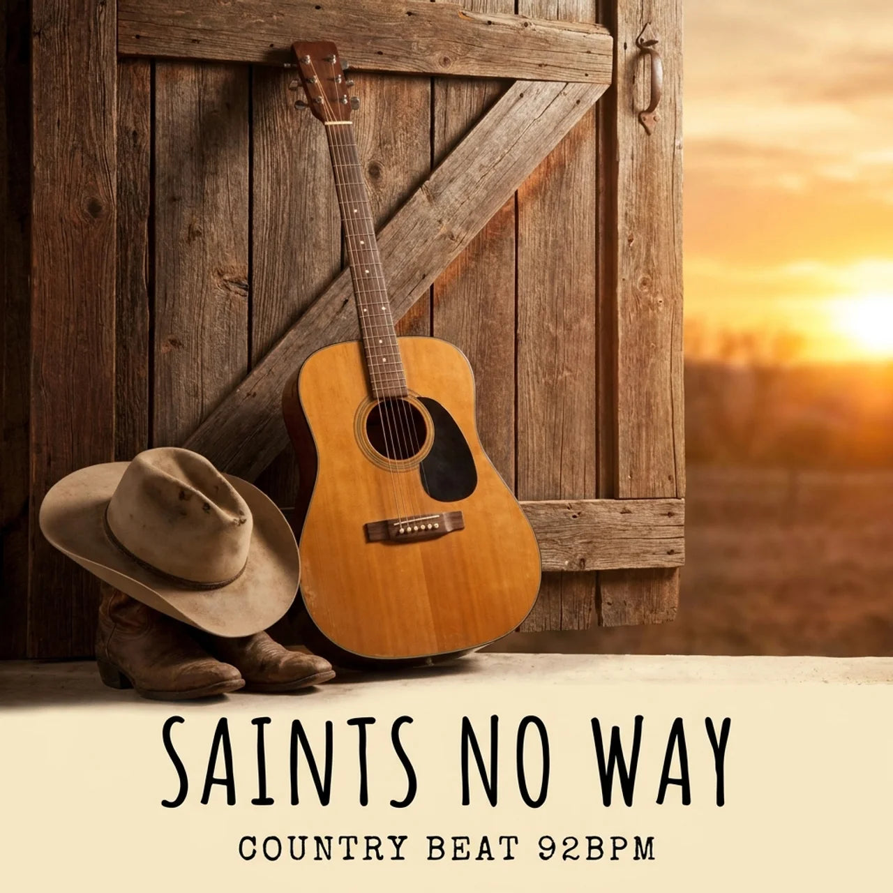 Acoustic guitar, cowboy hat, and boots against a wooden door with a sunset in the background, featuring the text 'Saints No Way' and 'Country Beat 92BPM'.