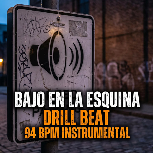 Street sign with sound icon and text about a drill beat instrumental, blurred background