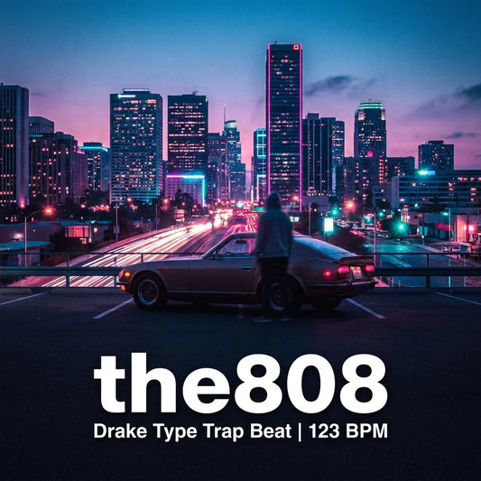 Cityscape at night with a person by a car, featuring 'the808' music beat text.
