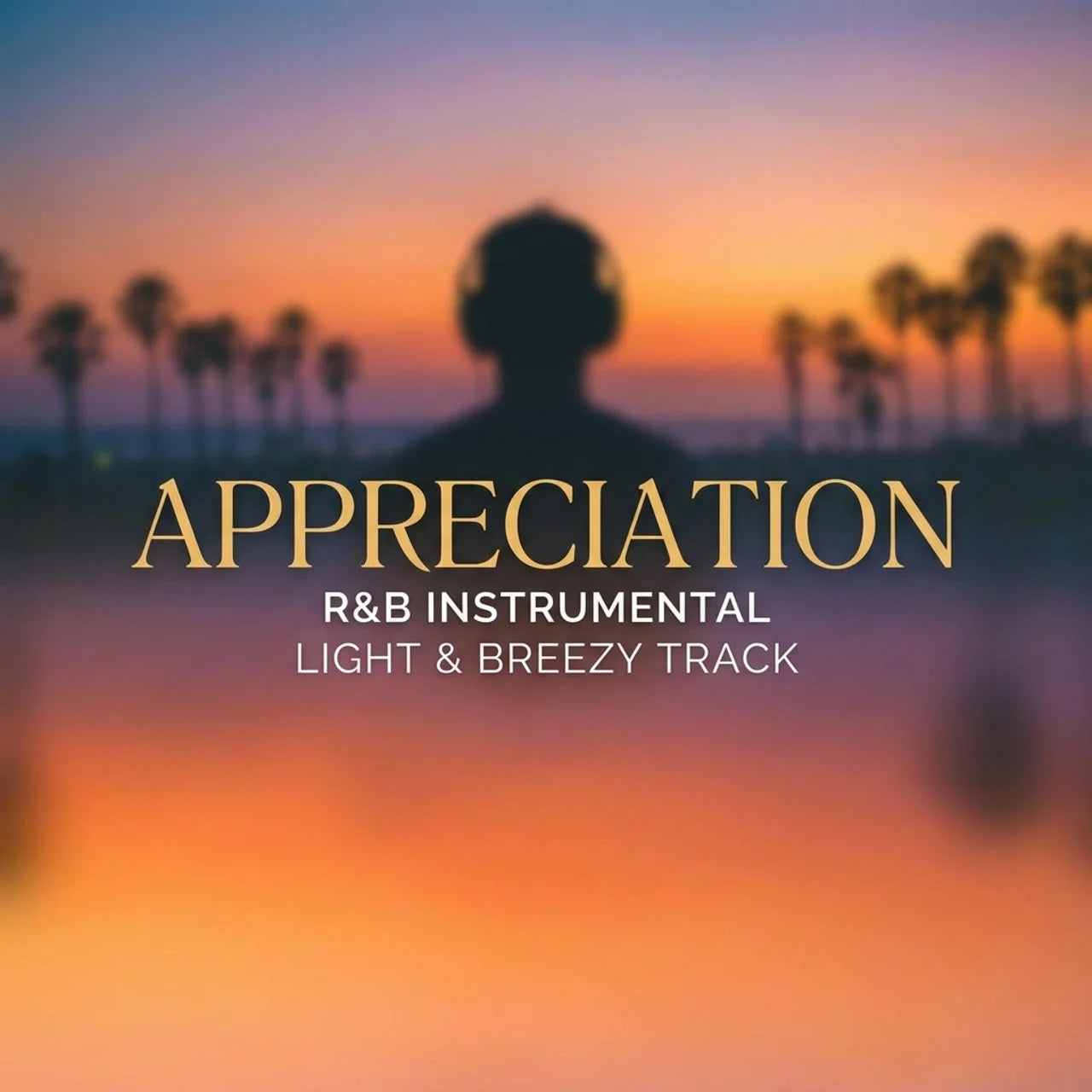 Album cover with silhouette of a person facing palm trees at sunset, text 'Appreciation R&B Instrumental Light & Breezy Track'.