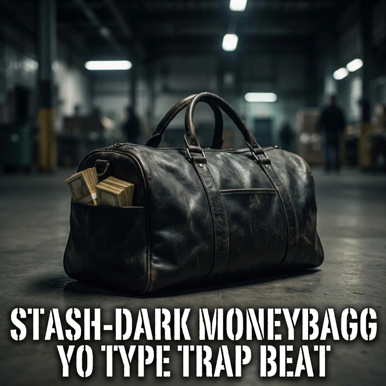 Black leather duffel bag with money on a dark warehouse floor, text overlay 'STASH-DARK MONEYBAGG YO TYPE TRAP BEAT'.