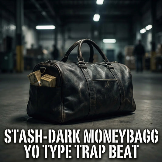 Black leather duffel bag with money on a dark warehouse floor, text overlay 'STASH-DARK MONEYBAGG YO TYPE TRAP BEAT'.