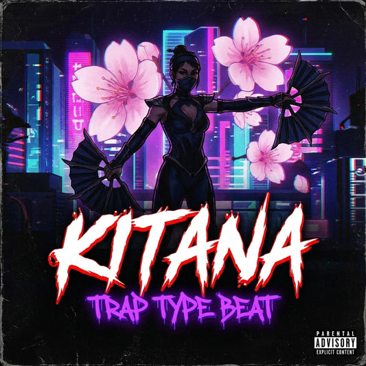 Promotional graphic for 'Kitana Trap Type Beat' with a stylized character and neon cityscape.