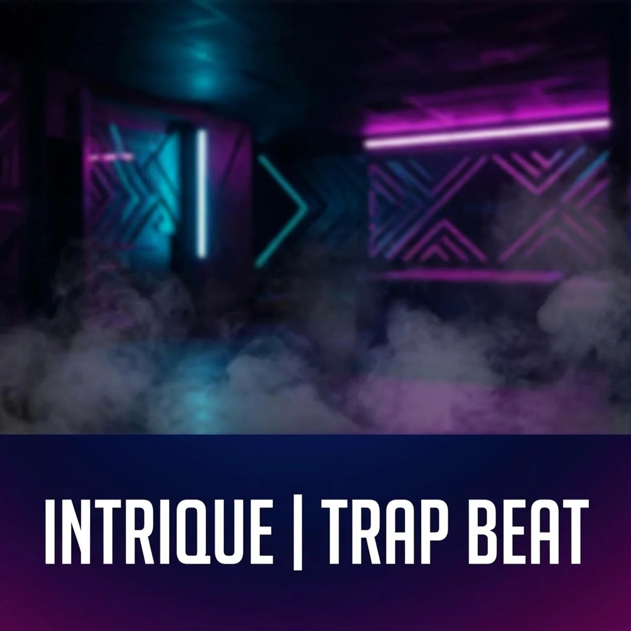 Promotional cover art for 'INTRIQUE | TRAP BEAT' featuring a dark, atmospheric scene with neon purple and cyan lights, geometric wall patterns, and fog. The bottom section is a dark blue-to-purple gradient with the title in bold white text.