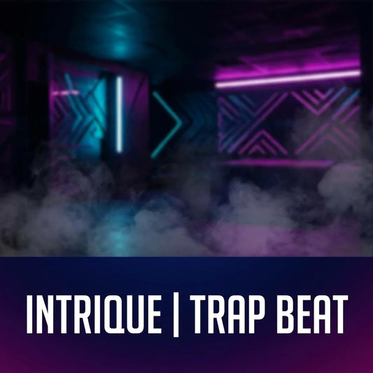 Promotional cover art for 'INTRIQUE | TRAP BEAT' featuring a dark, atmospheric scene with neon purple and cyan lights, geometric wall patterns, and fog. The bottom section is a dark blue-to-purple gradient with the title in bold white text.