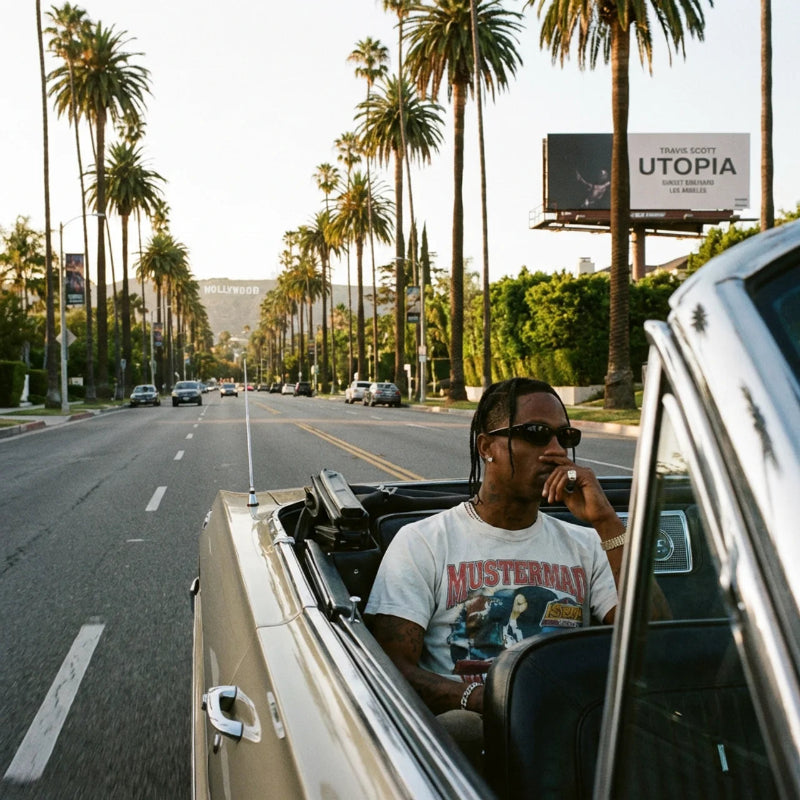 Man in a convertible car on a palm tree-lined street with a 'Utopia' billboard in the background.