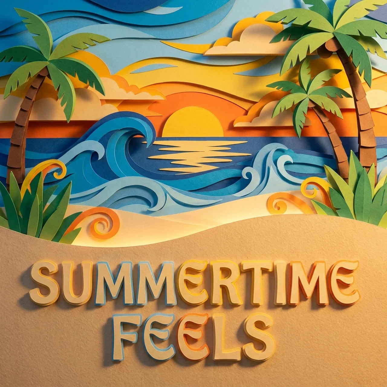 Colorful beach scene with palm trees, waves, and 'Summertime Feels' text.