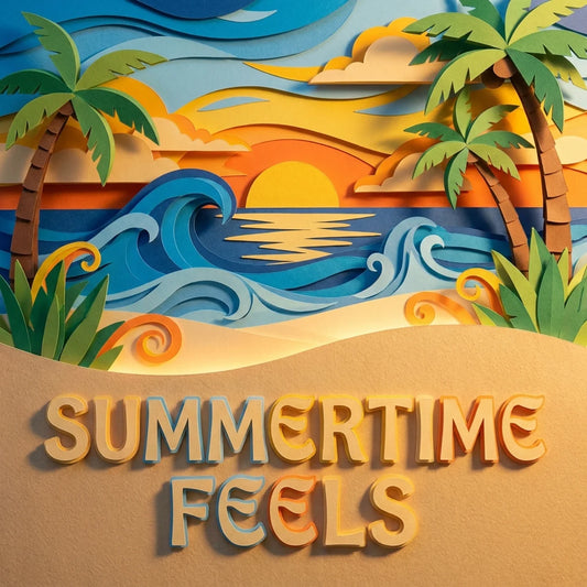 Colorful beach scene with palm trees, waves, and 'Summertime Feels' text.