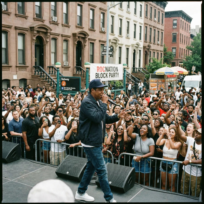Man on stage addressing a large crowd at a block party with buildings and umbrellas in the background.