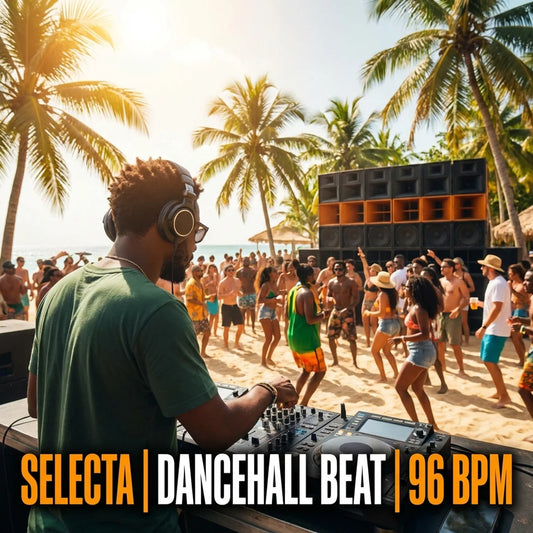 DJ playing at a beach party with palm trees and people dancing