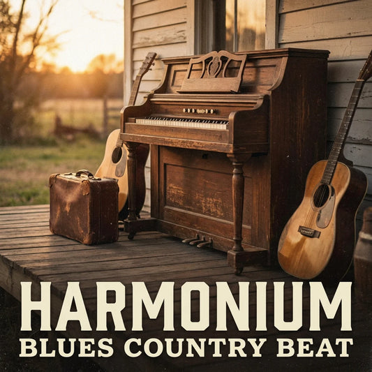Wooden harmonium with acoustic guitars and a suitcase on a wooden deck during sunset.