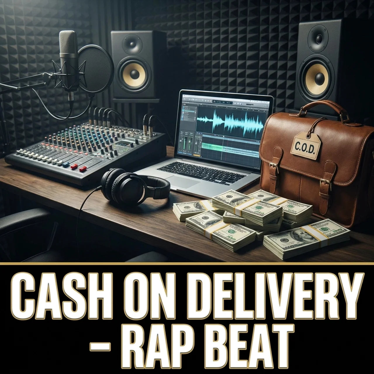 A dark studio setup with a mixing board, laptop showing audio waveform, headphones, speakers, a brown briefcase labeled C.O.