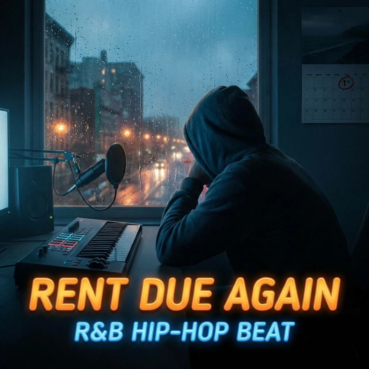 Person in a dark room with music equipment, looking out a window on a rainy night.