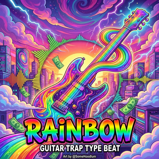 Colorful illustration of a rainbow guitar with a cityscape background and the text 'Rainbow Guitar Trap Type Beat'.