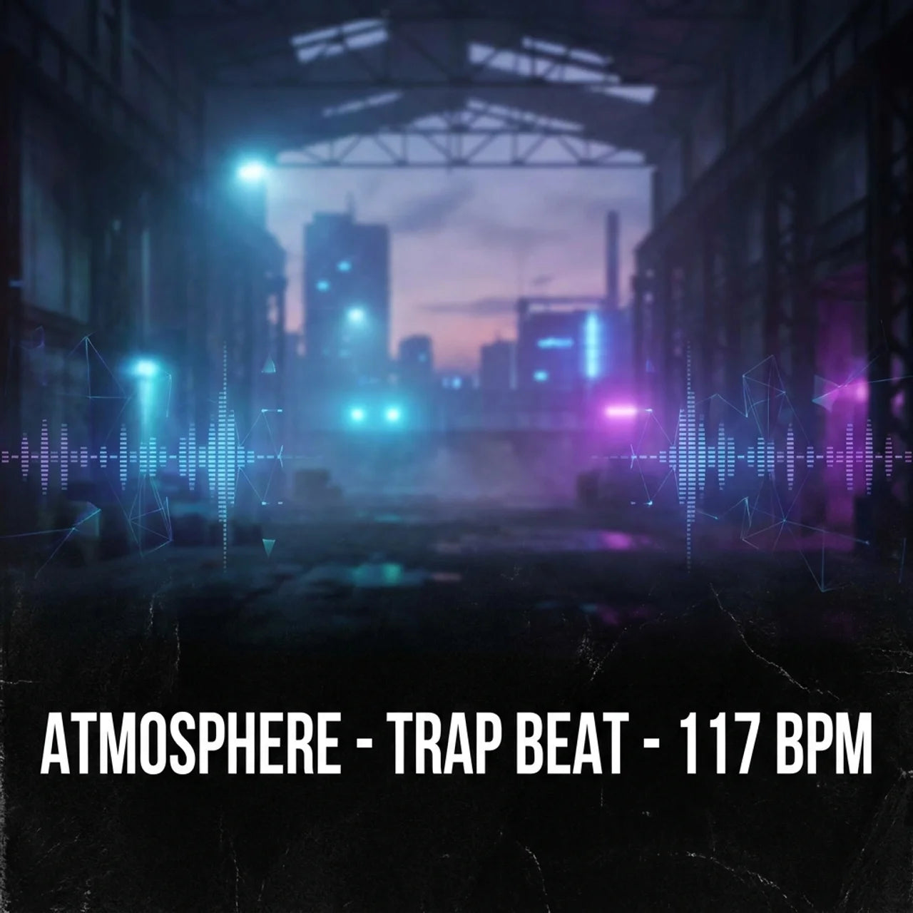 Digital cover art for a music track or beat pack titled 'ATMOSPHERE - TRAP BEAT - 117 BPM', featuring a dark futuristic industrial corridor with glowing blue and purple light effects and audio waveform overlays.