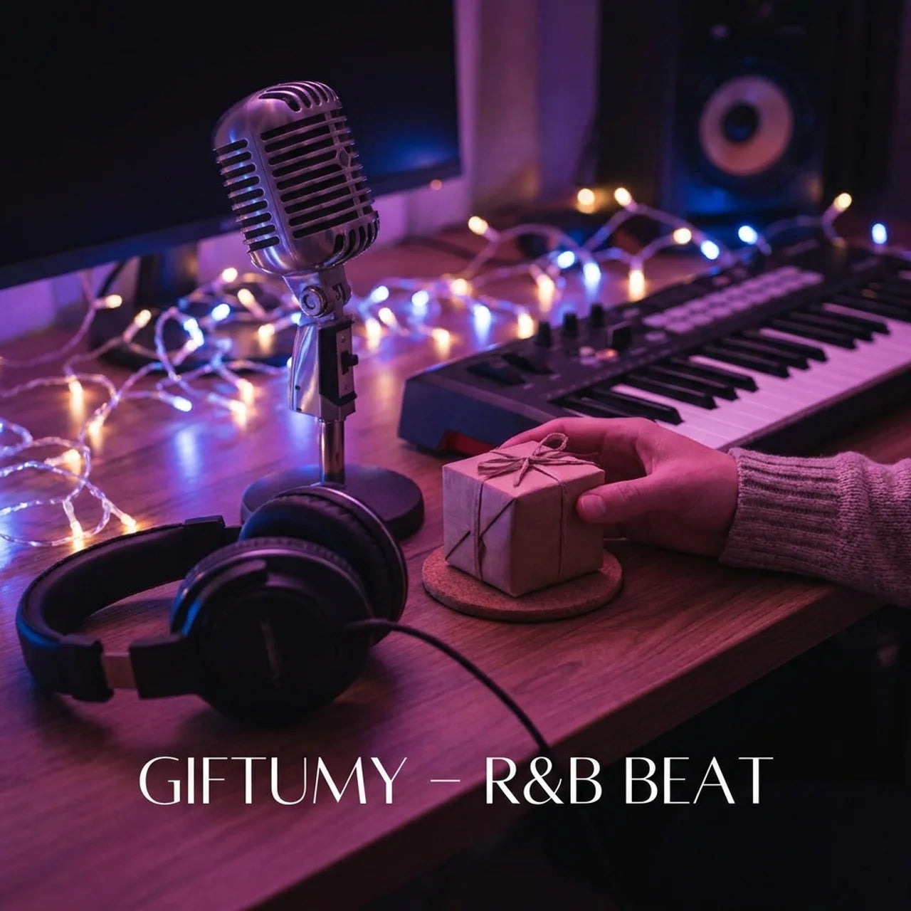 Microphone, headphones, and keyboard on a desk with decorative lights, hand holding a gift, and 'GIFTUMY - R&B BEAT' text.