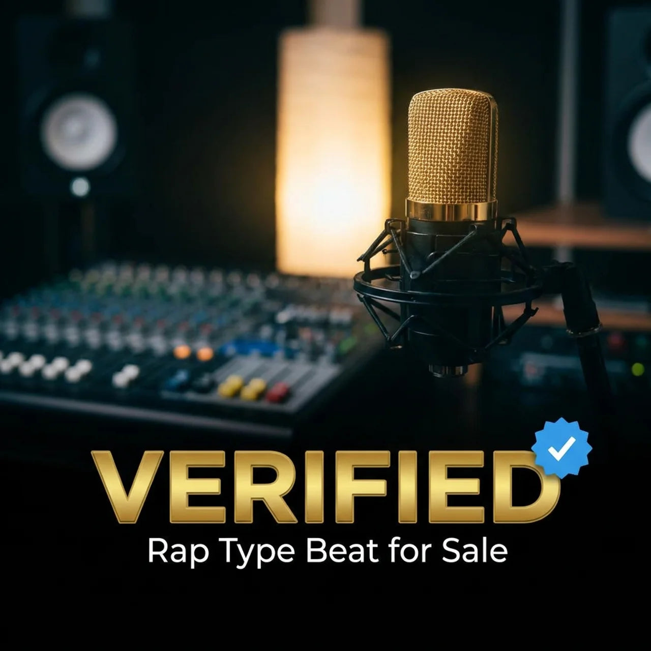 Microphone in a studio setting with 'VERIFIED' and 'Rap Type Beat for Sale' text.