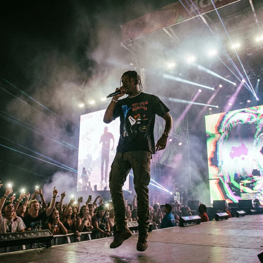 Person on stage with microphone at a concert with smoke and lights