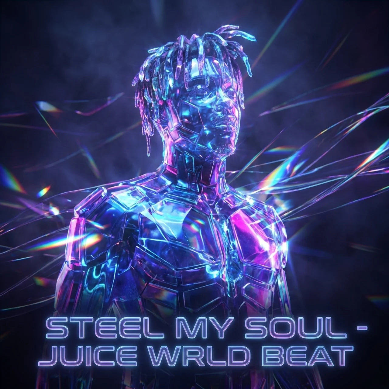 Metallic figure with futuristic design on a dark background, featuring the text 'Steel My Soul - Juice WRLD Beat'.