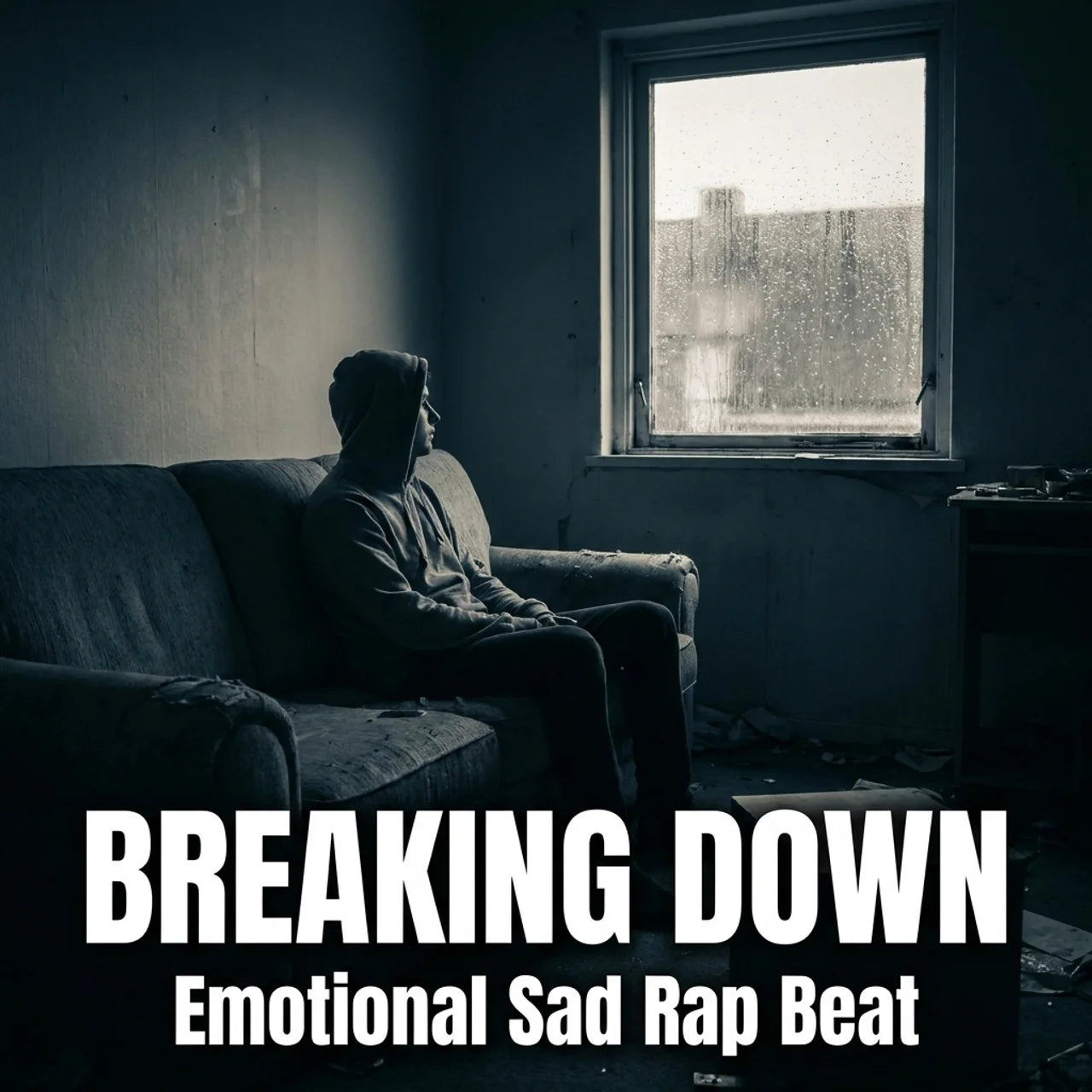 Dark moody album-style artwork showing a person sitting on a worn couch in a dim room, looking out a window. Large white text at the bottom reads 'BREAKING DOWN' with smaller text 'Emotional Sad Rap Beat'.