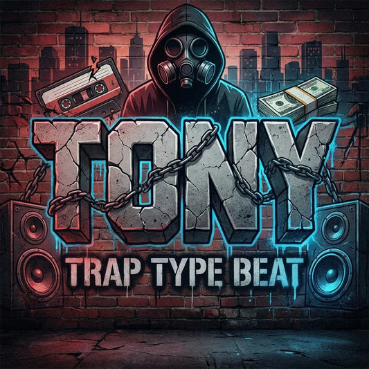 Artistic design with a hooded figure, gas mask, cassette tape, money, and speakers against a brick wall background.