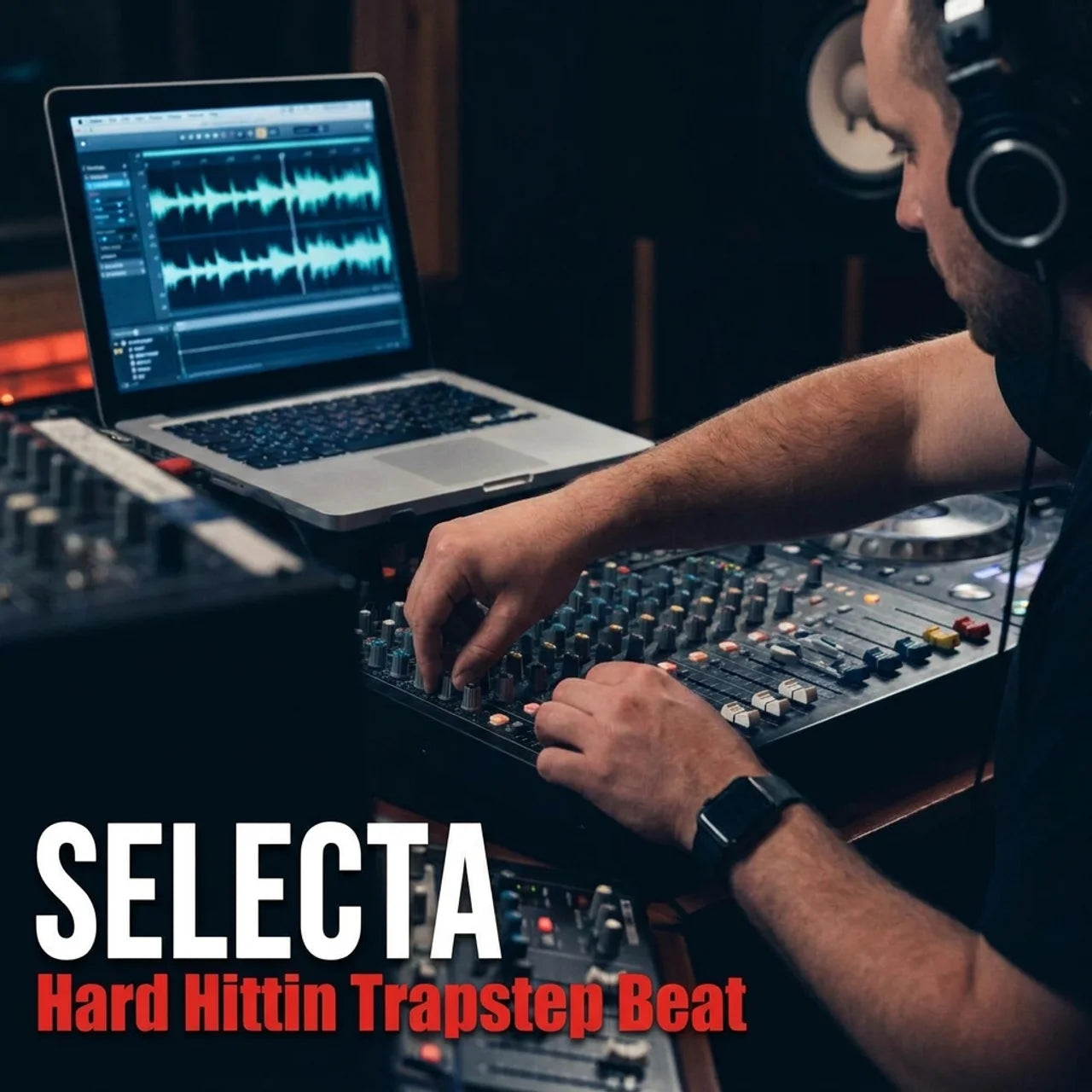 Person working on a music mixing console with laptop displaying audio software, wearing headphones.