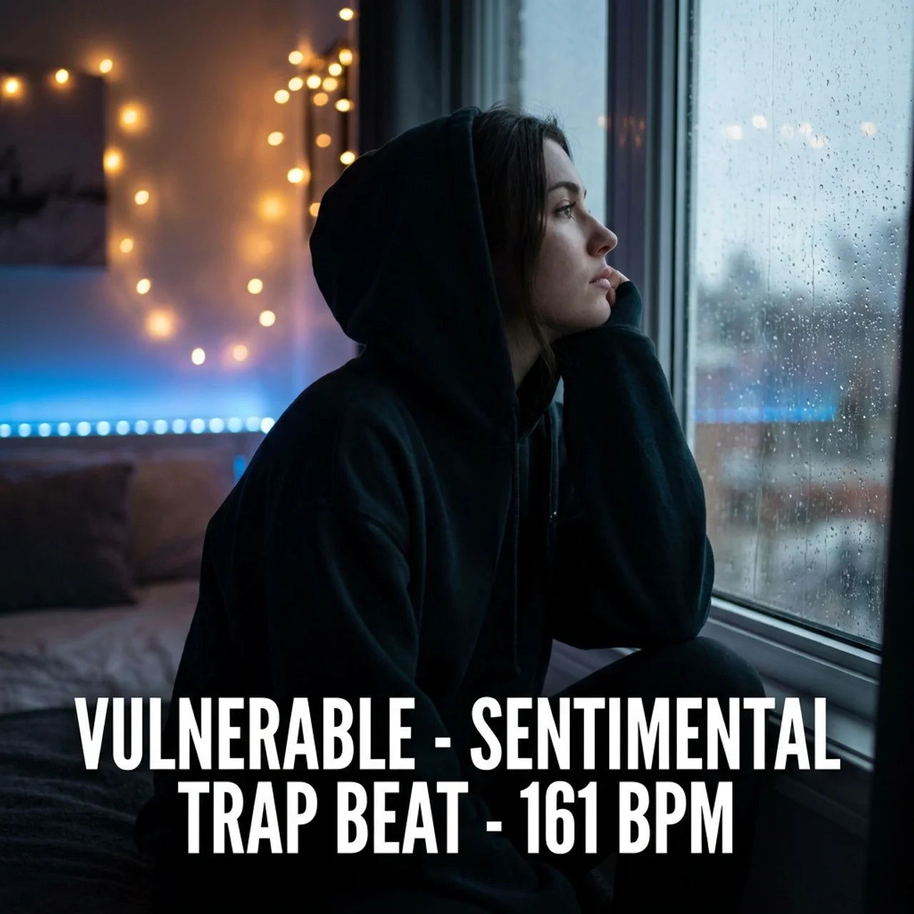 Person wearing a dark hoodie sitting by a window with rainy outside view and string lights inside.