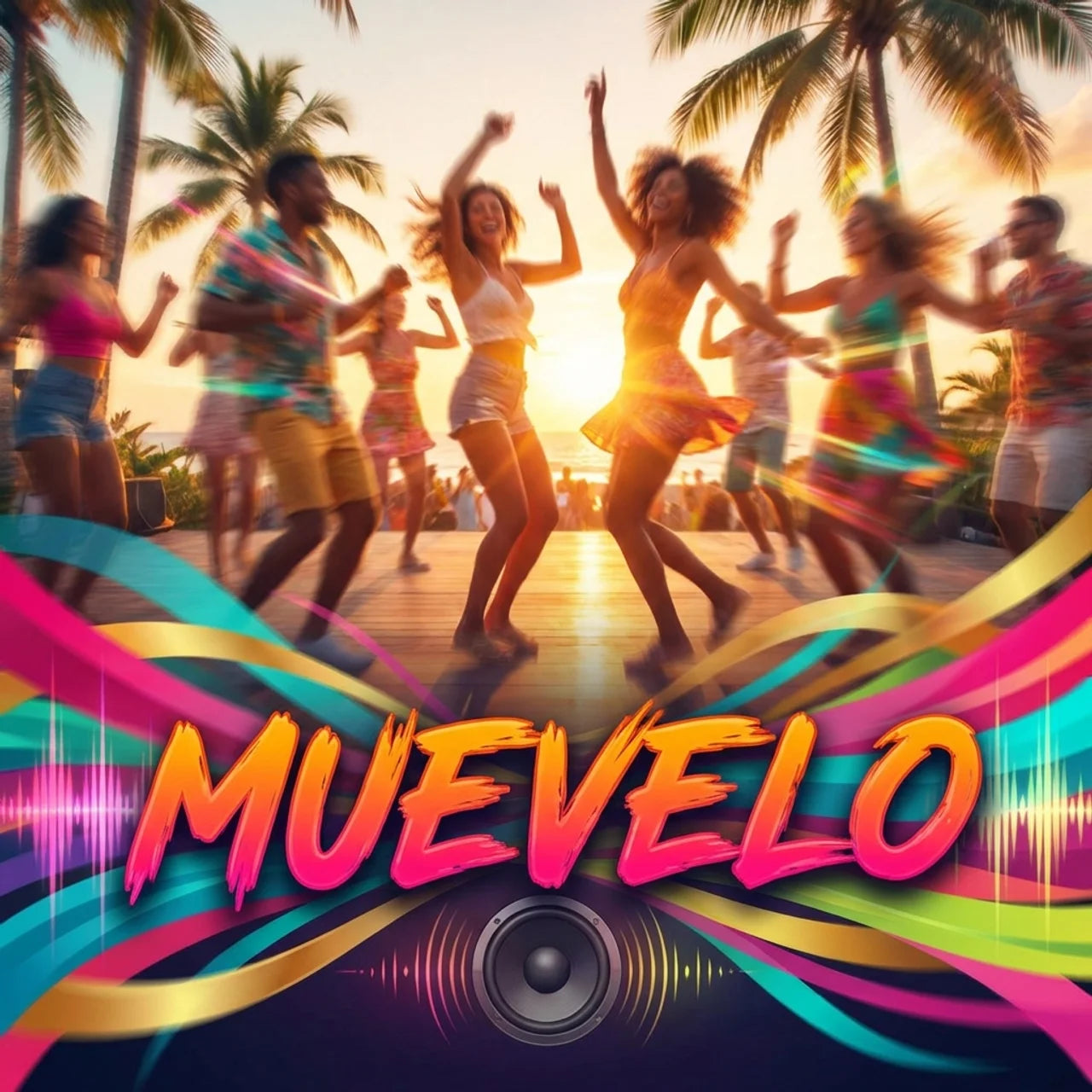 People dancing on a beach with palm trees and colorful text 'MUEVELO' at sunset.