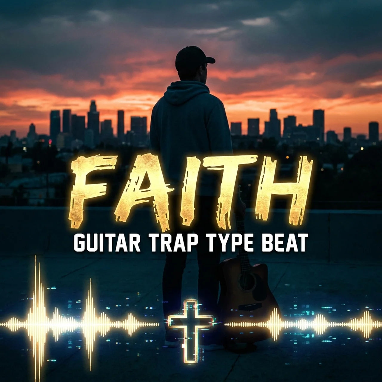 Person holding a guitar with 'FAITH' text and cityscape in the background