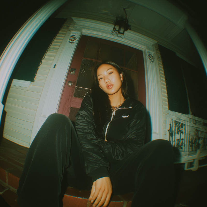 Person sitting on a doorstep at night
