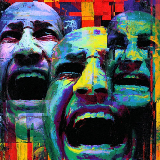 Colorful abstract artwork of three faces with a dark background