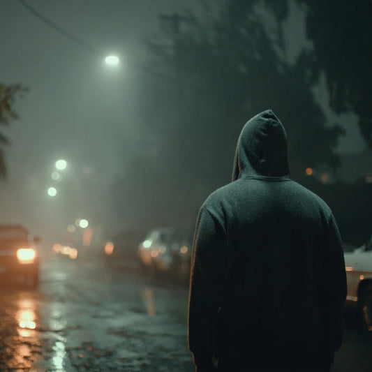 Person in a hooded coat standing on a rain-soaked street at night with cars and streetlights.