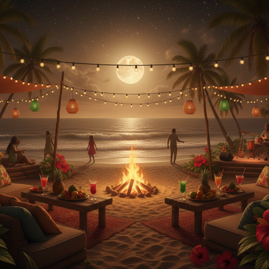 Beachside gathering with a bonfire, people, and string lights at sunset.