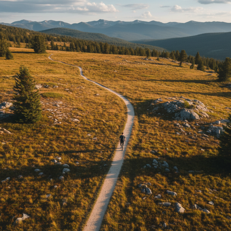 realistic image (drone view) of lonely guy walking down single path