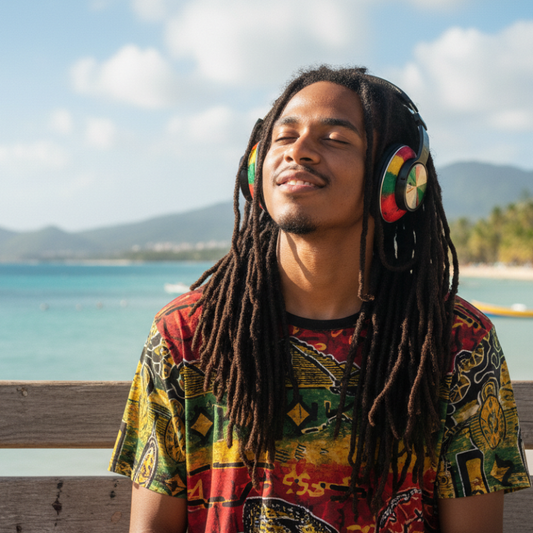 Man with dreadlocks wearing colorful headphones sitting on a bench by the beach.