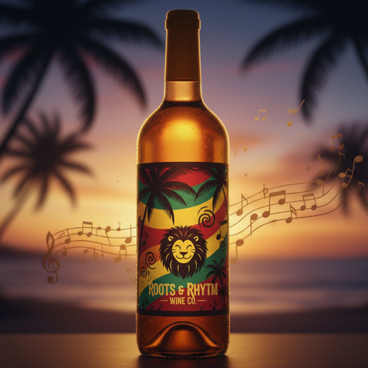 Bottle of Dots & Rhythm Wine Co. wine with a sunset and palm trees in the background
