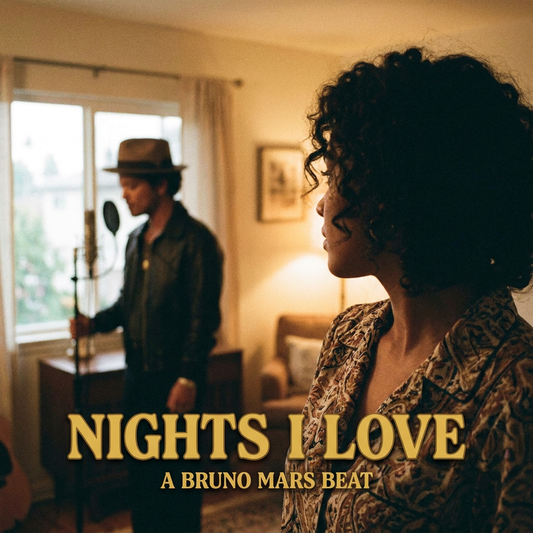 Album cover art for 'Nights I Love' featuring a woman in profile in the foreground and a man standing near a vintage microphone in the background, with the text 'NIGHTS I LOVE' and 'A BRUNO MARS BEAT' at the bottom.