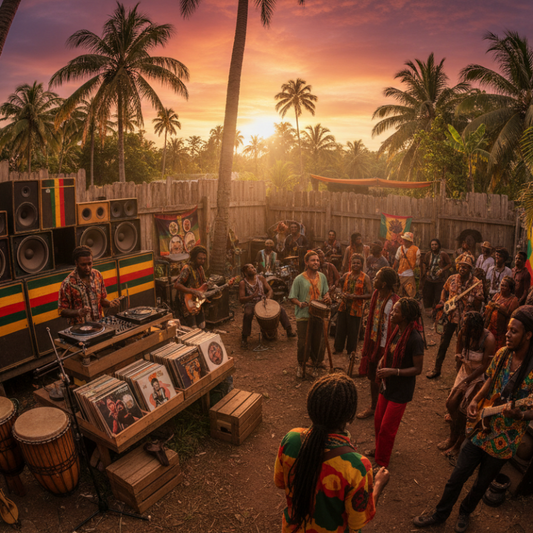People gathered around a DJ setup with palm trees and sunset in the background
