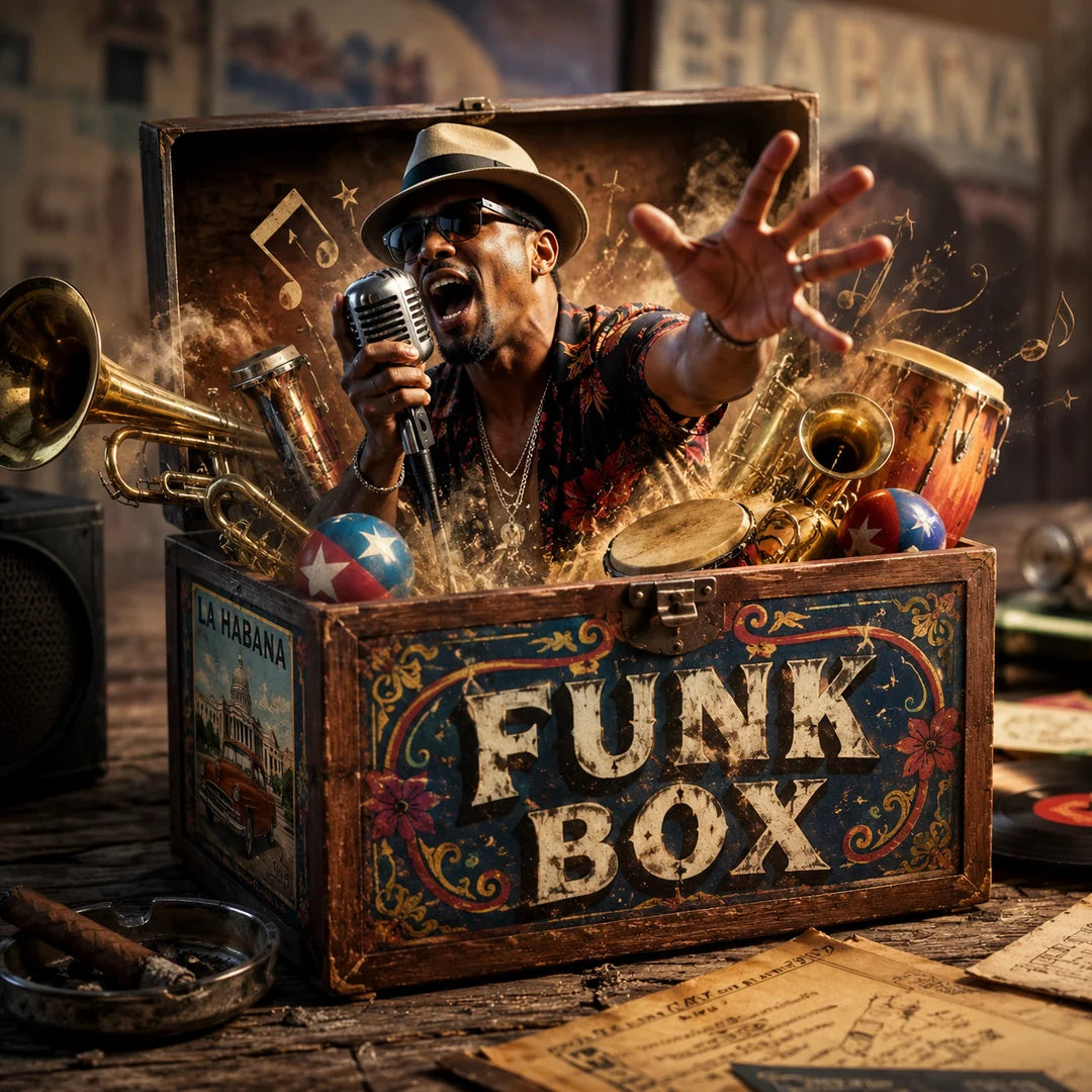 A vintage-style illustrated scene showing an open wooden trunk labeled 'FUNK BOX' filled with brass instruments, a microphone, records, and a stylized performer reaching outward. The composition is dramatic and artistic, with smoke effects and a warm, retro atmosphere.