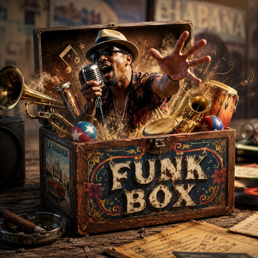 A vintage-style illustrated scene showing an open wooden trunk labeled 'FUNK BOX' filled with brass instruments, a microphone, records, and a stylized performer reaching outward. The composition is dramatic and artistic, with smoke effects and a warm, retro atmosphere.